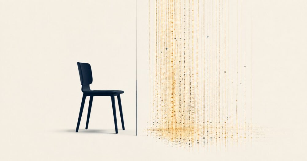 A dark navy chair sits beside a vertical curtain of falling gold data particles, separated by a thin dividing line — representing proximity to data without access to it.